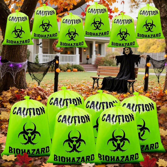 12 Pcs Large Halloween Leaf Bags Biohazard Halloween Decorations Halloween Trash Bags for Leaves Plastic Yard Lawn Waste Bag Scientist Biohazard Bag Outdoor Biohazard Zombie Party Decorations (Green)