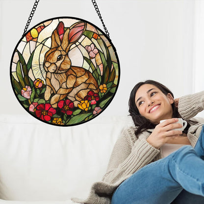 Stained Glass Window Hanging, Cute Bunny Flowers Sun Catcher for Window Door Home Decor, Rabbit Suncatcher Christmas Mother's Day Birthday Gifts for Women Men Mom and Nana 9.8 in