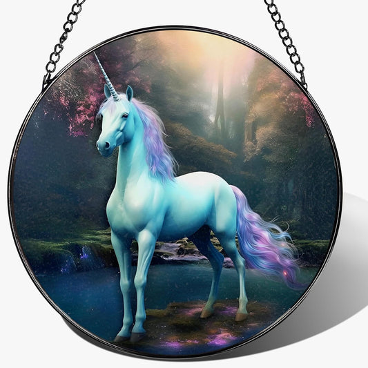 8″ Stained Glass Window Hanging Ornament, Unicorn Stained Glass Suncatcher Ornament, Sun-Catcher