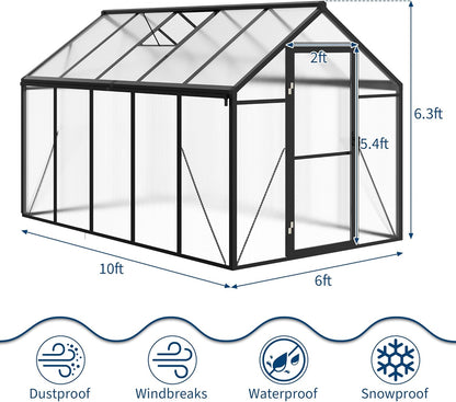 6x10 FT Greenhouse for Outdoors, Polycarbonate Flower Greenhouse with Roof Vent, Push-Pull Lockable Door, Aluminum Walk-in Greenhouses for Outside Garden Backyard, Patio, Lawn, Black
