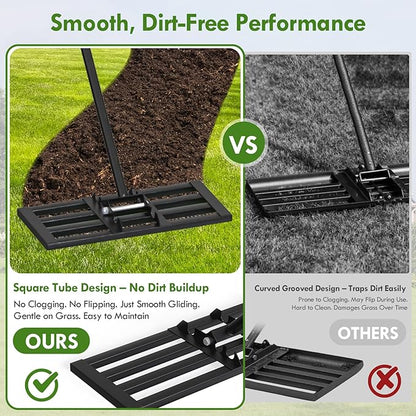 Seeutek Lawn Leveling Rake, 17” x 10” Lawn Leveler with 6.5FT Stainless Steel Handle Rakes for Lawns, 0-180° Adjustable Ground Leveler Tool for Yard, Level Soil Sand Dirt Surfaces