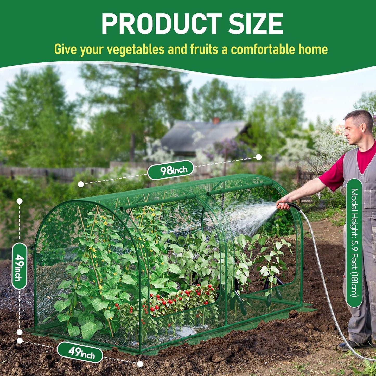 SPECILITE 98x49x49in Garden Plant Netting Mesh Cover for Raised Bed with Roll-up Zipper Door for Vegetables Fruits, Large Tunnel Gardening Net, Green