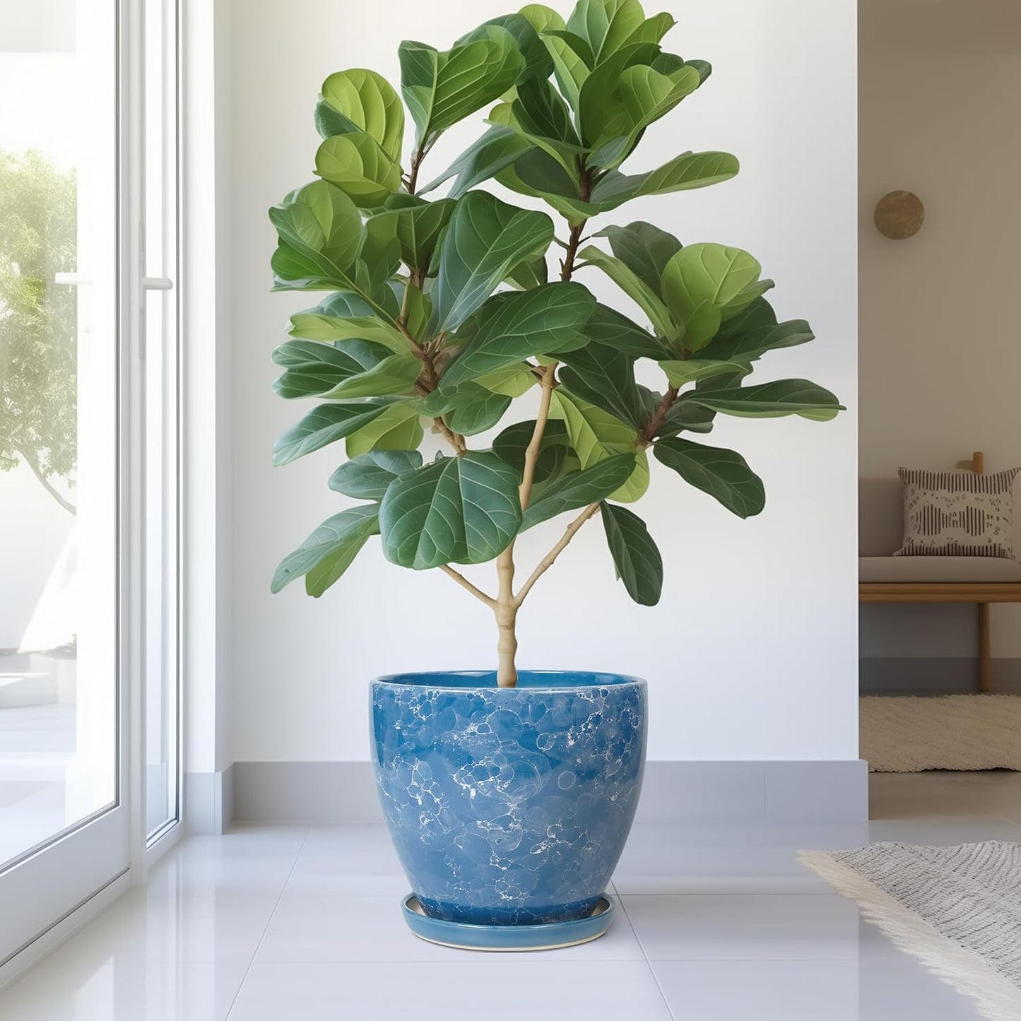 Ceramic Flower Pot - 10 Inch Planter with Drainage Hole and Saucer, Modern Large Planters, Decorative Plant Pot for Indoor Ourdoor, Room Home Garden Porch Decor, Plant Lover Gifts, Blue