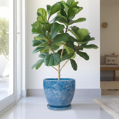 Ceramic Flower Pot - 10 Inch Planter with Drainage Hole and Saucer, Modern Large Planters, Decorative Plant Pot for Indoor Ourdoor, Room Home Garden Porch Decor, Plant Lover Gifts, Blue