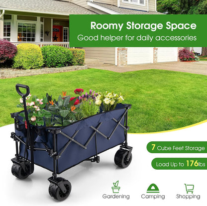 Goplus Collapsible Wagon Cart, Foldable Heavy Duty Utility Wagon with Adjustable Handle, Wide All Terrain Wheels, Cup Holder, Portable Garden Cart Beach Cart for Camping, Picnic (Blue)