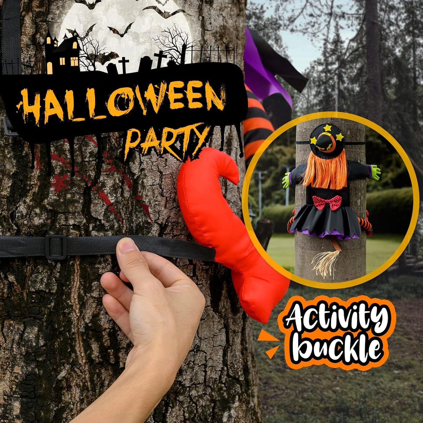 Halloween Decorations Outdoor Crashing Witch: 44'' Flying Crashed Witches Hanging into Tree - Halloween Decor for Yard Garden Porch