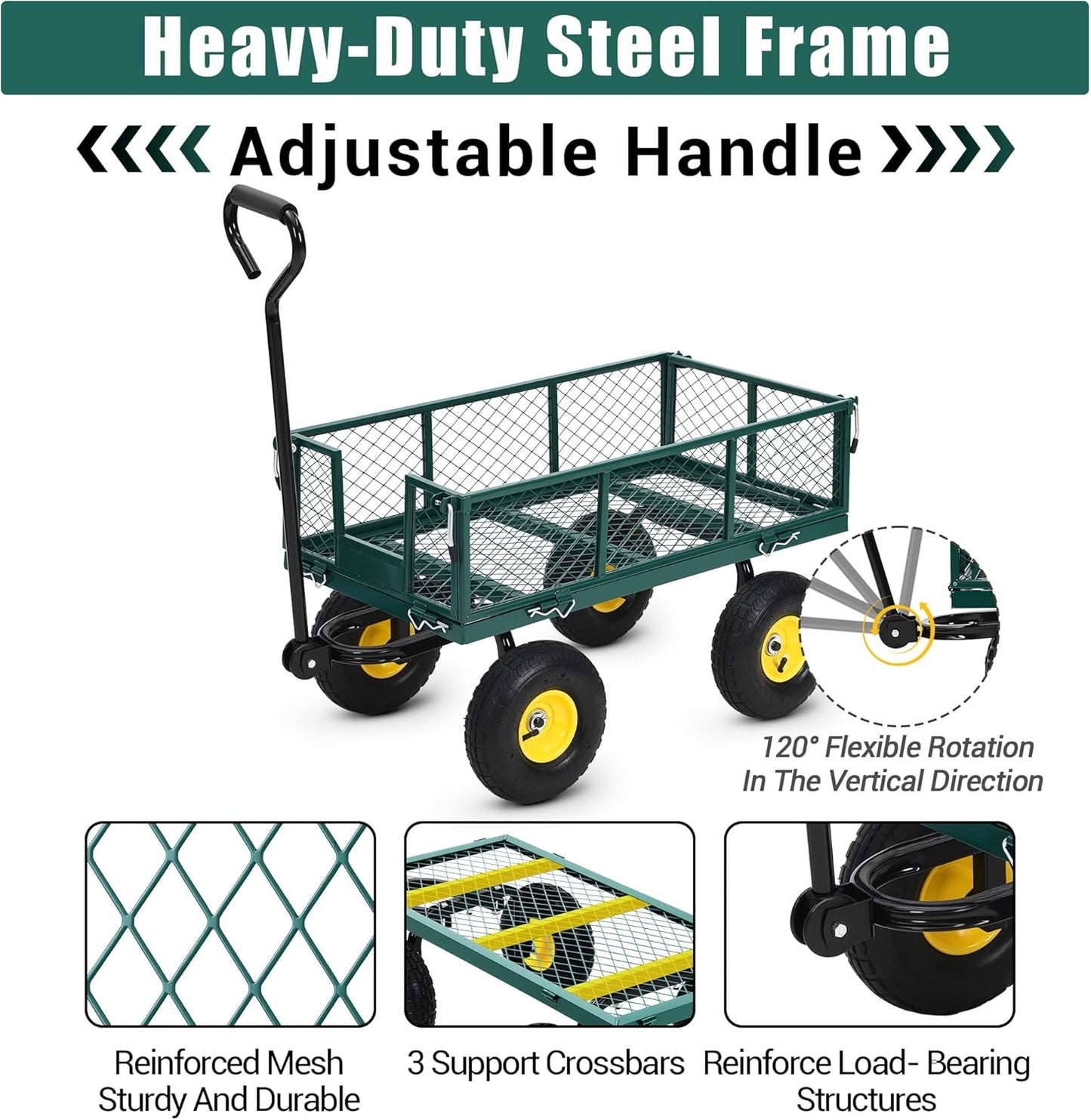 Heavy Duty Garden Cart On Wheels - 880LBS Metal Wagon with 10" Pneumatic Wheels, 180° Rotating Handle & Removable Sides - All-Terrain Yard Wagon for Farm, Beach & Outdoor Use
