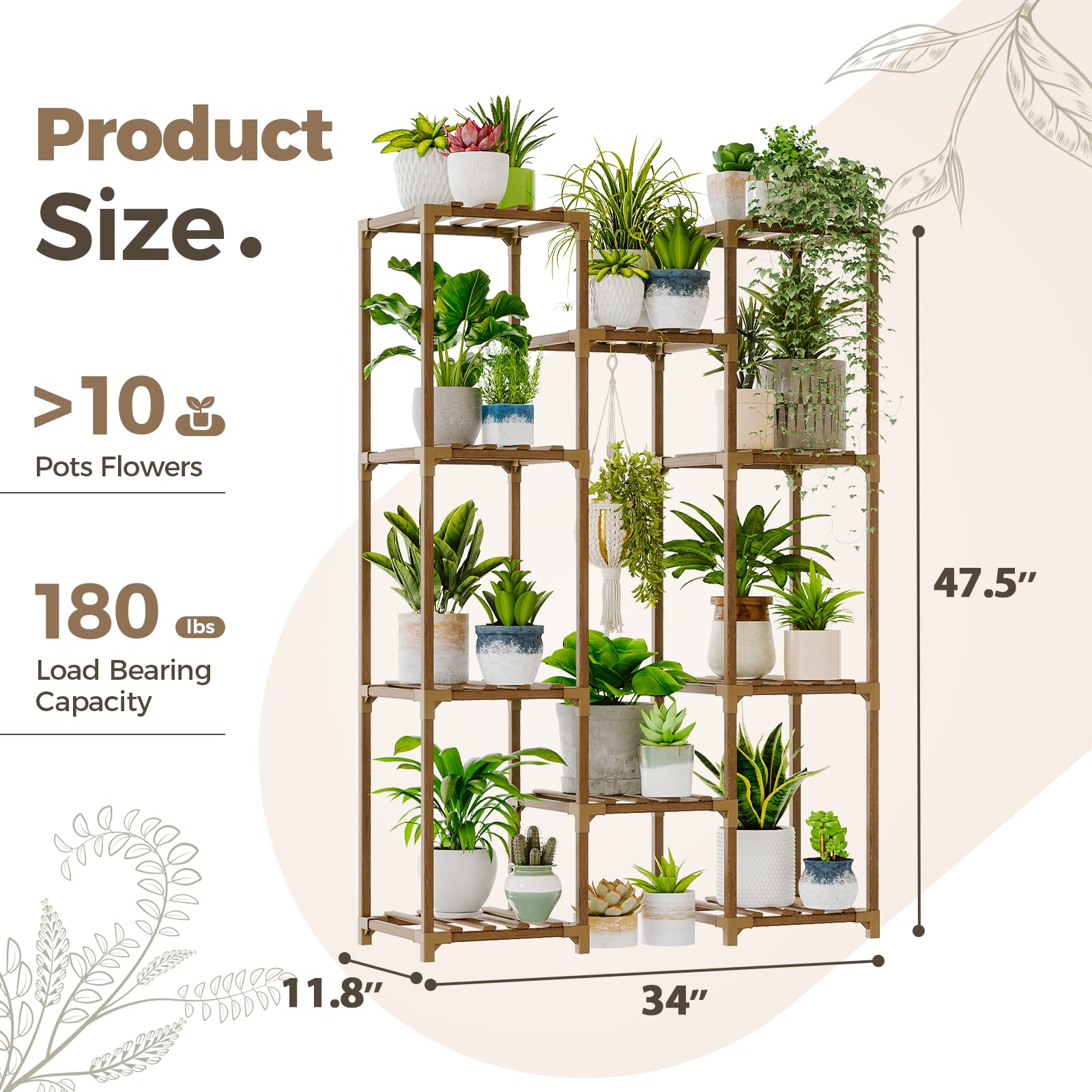 Bamworld Plant Stand Indoor Outdoor Tall Plant Shelf for Multiple Plants Pots Wood Flower Stand