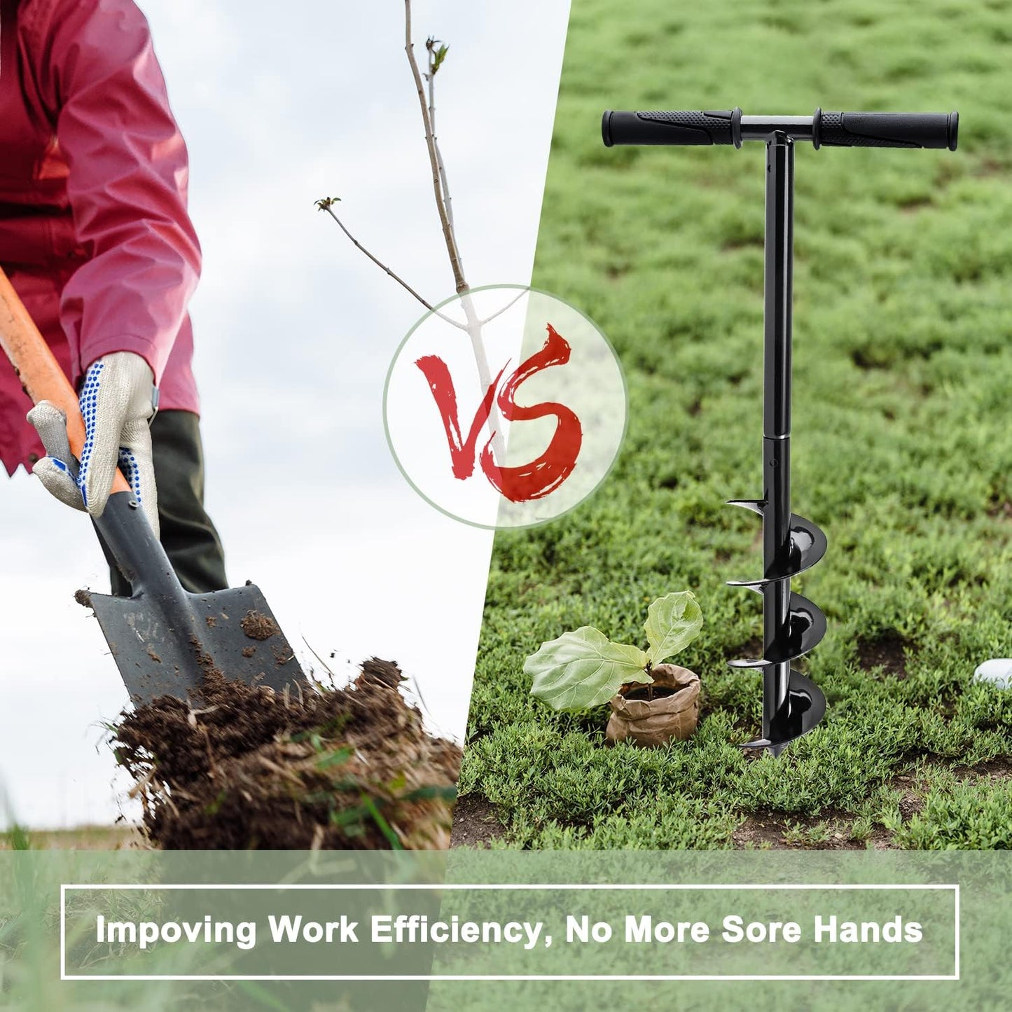 Hand Post Hole Digger - 24'' x 4" Earth Garden Auger Drill with Gloves, Non-Slip Handle, Spiral Drill Planter Bit for Planting Trees, Seedlings, Bedding Plants, Deep Cultivating, Digging Weeds Roots