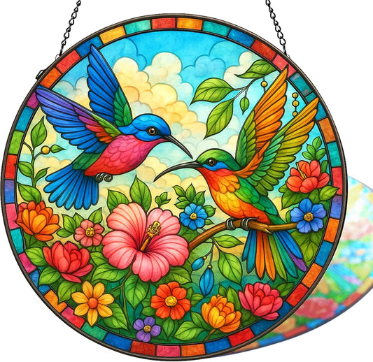 Stained Glass Window Hanging, Hummingbirds Sun Catchers Stained Glass Panels for Indoor Windows