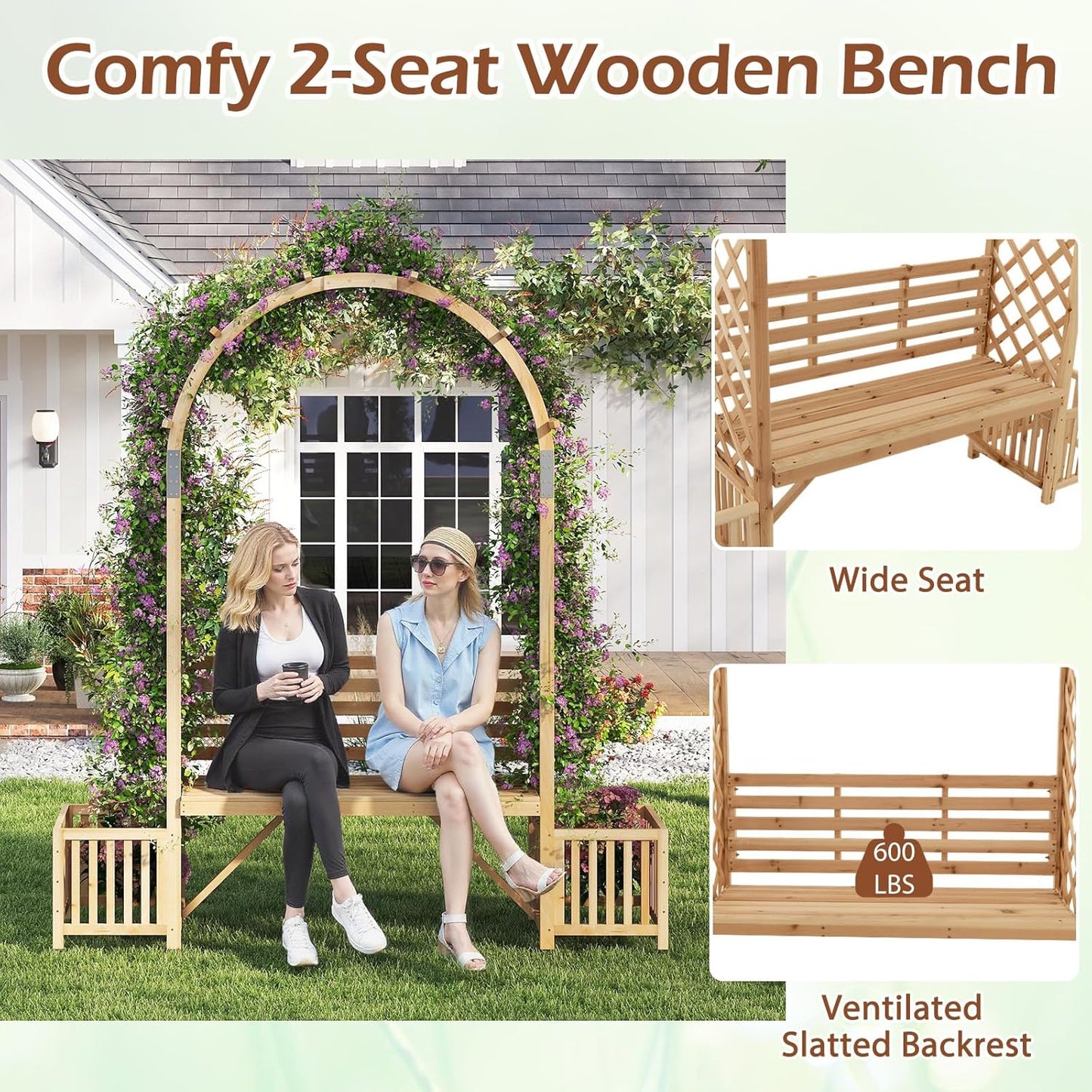 Happygrill Garden Arbor with Bench & 2 Planter, Wooden Garden Arch for Climbing Plants w/Love Seat, 2 Trellises & Planting Box to Grow Grapes & Vines, 2-Person Outdoor Wood Seating for Patio, Backyard