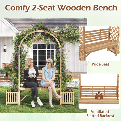 Happygrill Garden Arbor with Bench & 2 Planter, Wooden Garden Arch for Climbing Plants w/Love Seat, 2 Trellises & Planting Box to Grow Grapes & Vines, 2-Person Outdoor Wood Seating for Patio, Backyard