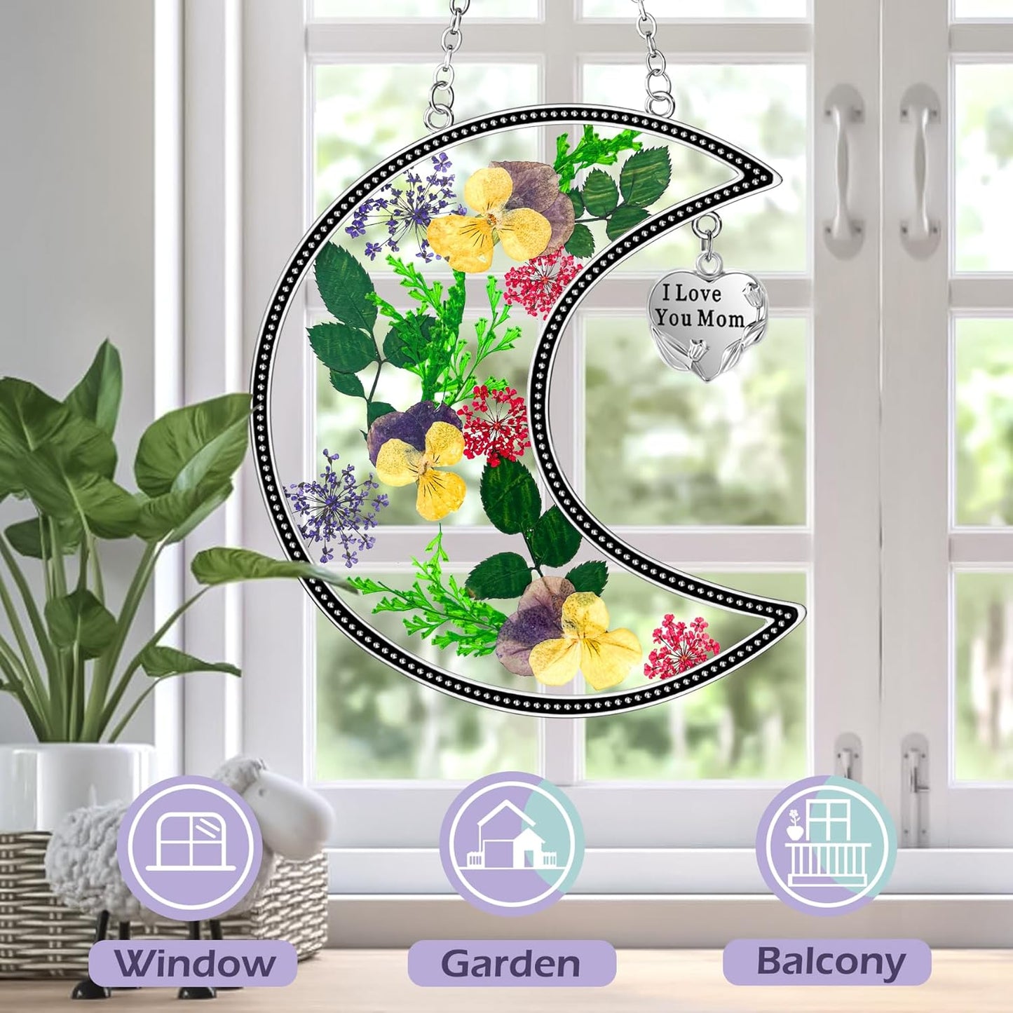 KY&BOSAM Moon Suncatcher Mom Gifts Stained Glass for Window Hangings Wind Chimes Decor with Pressed Real Flower and Metal I Love You Mom Heart Charm Birthday Gift for Women Mother`s Day Christmas