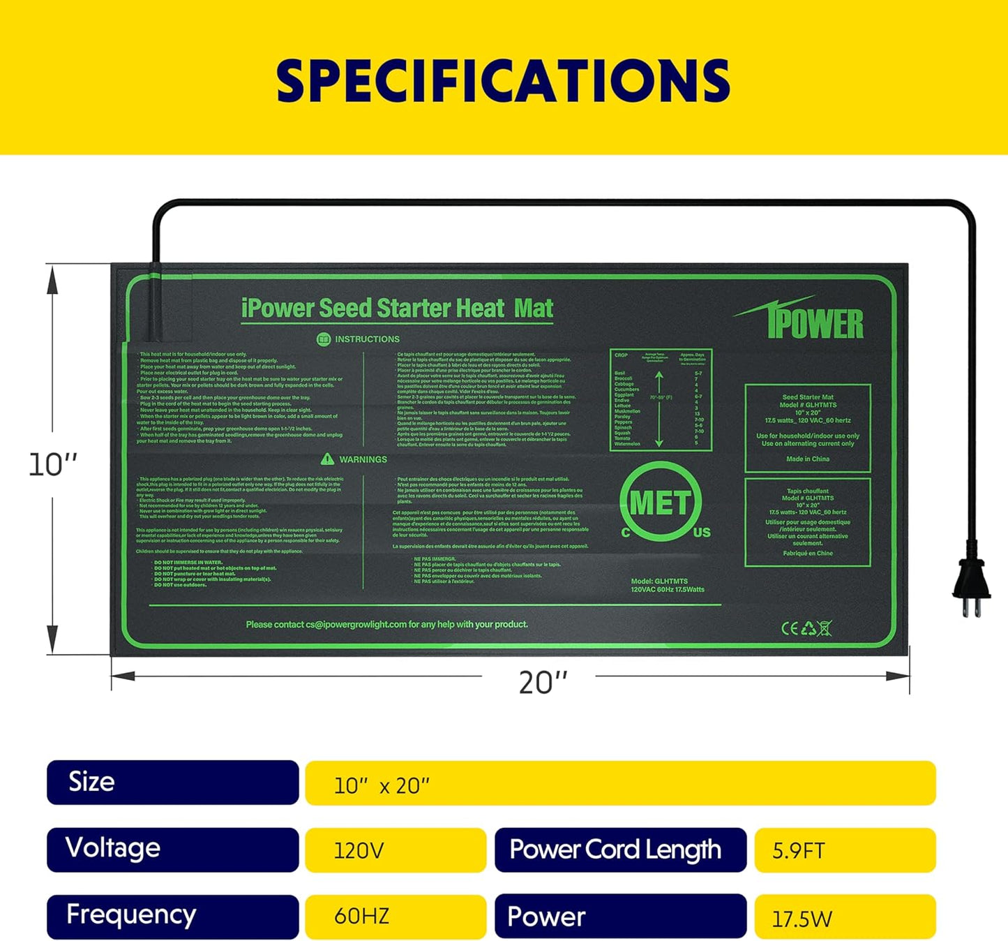 iPower Durable Seedling Heat Mat Warm 10" x 20" - 2 Pack Hydroponic Heating Pad Waterproof and A Digital Thermometer for Seed Starting Greenhouse and Germination