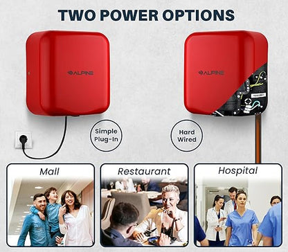 Alpine Automatic Hand Dryers for Bathrooms Commercial High Speed 110-120V Stainless Steel Electric Hand Dryer, Plug In & Hardwire Options with Air Filter, ADA & UL Compliant & 5 Years Coverage (Red)