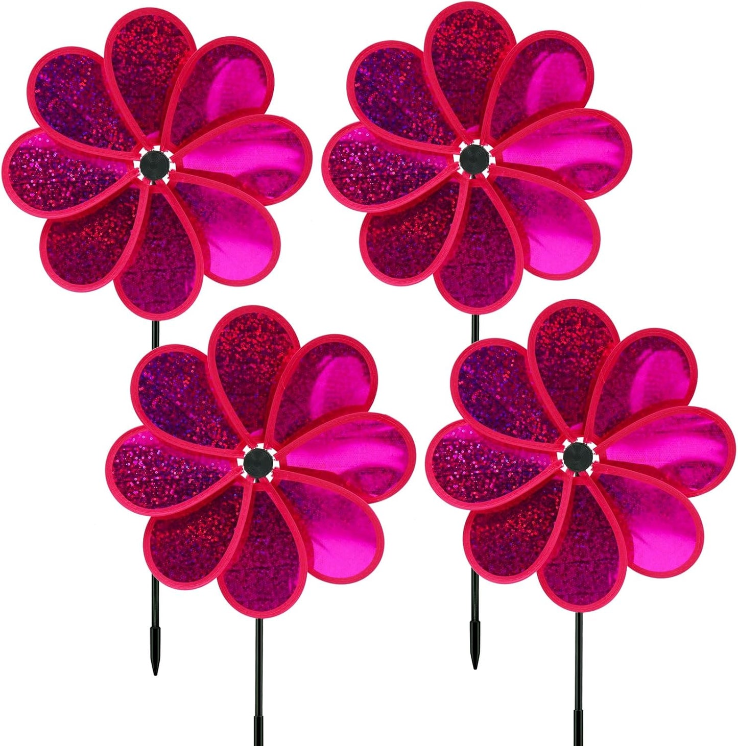 4PCS Flower Wind Spinner Sparkly Lawn Pinwheel 11.8 inch Hot Pink Garden Windmill for Garden, Party, Outdoor, Yard Decor