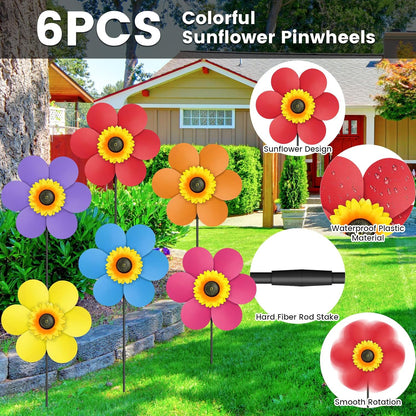6PCS Sunflower Wind Spinners with Stakes 14" W x 29" H Wind Spinners Lawn Pinwheel Rainbow Windmill Outdoor Pinwheels for Yard Decoration（Multicolor）