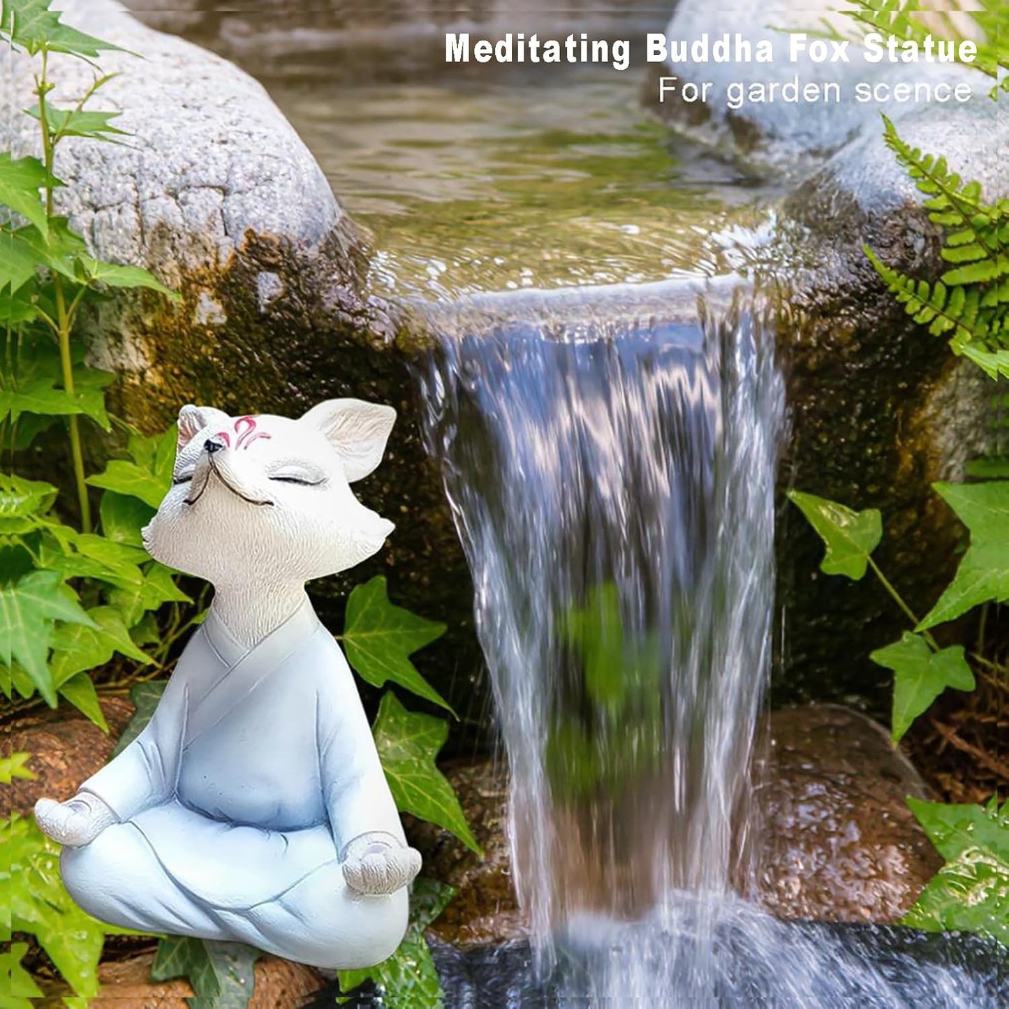 Meditating Buddha Fox Statue Resin Zen Animal Sculpture Yoga Figurine Indoor Outdoor Fengshui Decor for Patio Garden Yard Lawn Tabletop Planter Ponds Pot Bookshelf Ornaments Gifts White