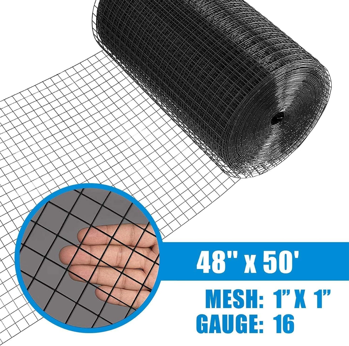 Fencer Wire Hardware Cloth with 1-Inch Grid, 16 Gauge Black Vinyl Coated Welded Fence Mesh Roll for Home and Garden Fence and Pet Enclosures Protect (48 Inch x 50 ft.)