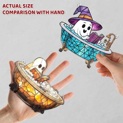 2 Boo Bathtub Acrylic Suncatchers, Gothic Cute Ghost Reading Book Window Hanging Ornaments, Halloween Horror Home Decor Witch Handmade Wall Art, Gift for Women Mom Friends Family