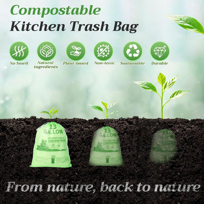 Amyhill 50 Count 13 Gallon Compostable Trash Bags Drawstring Heavy Duty Extra Thick 1.58 Mil 49.2 Liter Garbage Bags 13 Gallon Tall Kitchen Food Scrap Waste for Home Bathroom Garbage, Green