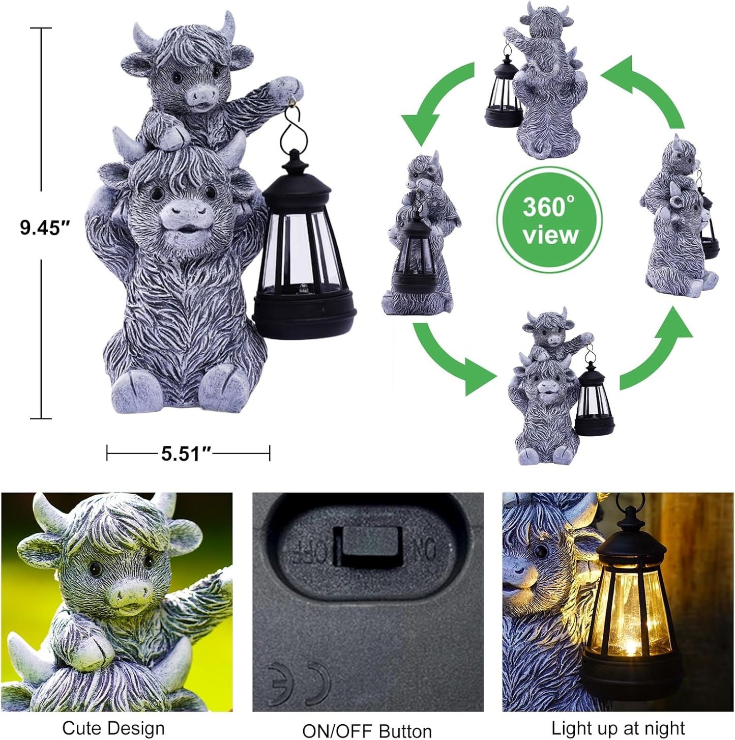 Solar Highland Cow Garden Decor - Resin Cow Statue with Solar Lantern Outdoor Yard Patio Decor - Ideal Gifts for Women,Mom Men (Grey)