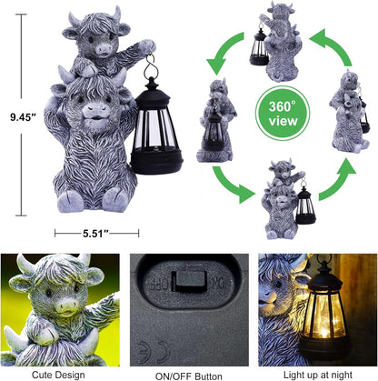 Solar Highland Cow Garden Decor - Resin Cow Statue with Solar Lantern Outdoor Yard Patio Decor - Ideal Gifts for Women,Mom Men (Grey)