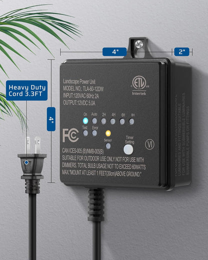 DEWENWILS 60W 120V AC to 12V DC Outdoor Low Voltage Transformer with Timer and Photocell Light Sensor, Weatherproof, Specially for LED Landscape Lighting, Spotlight, Pathway Light, ETL Listed