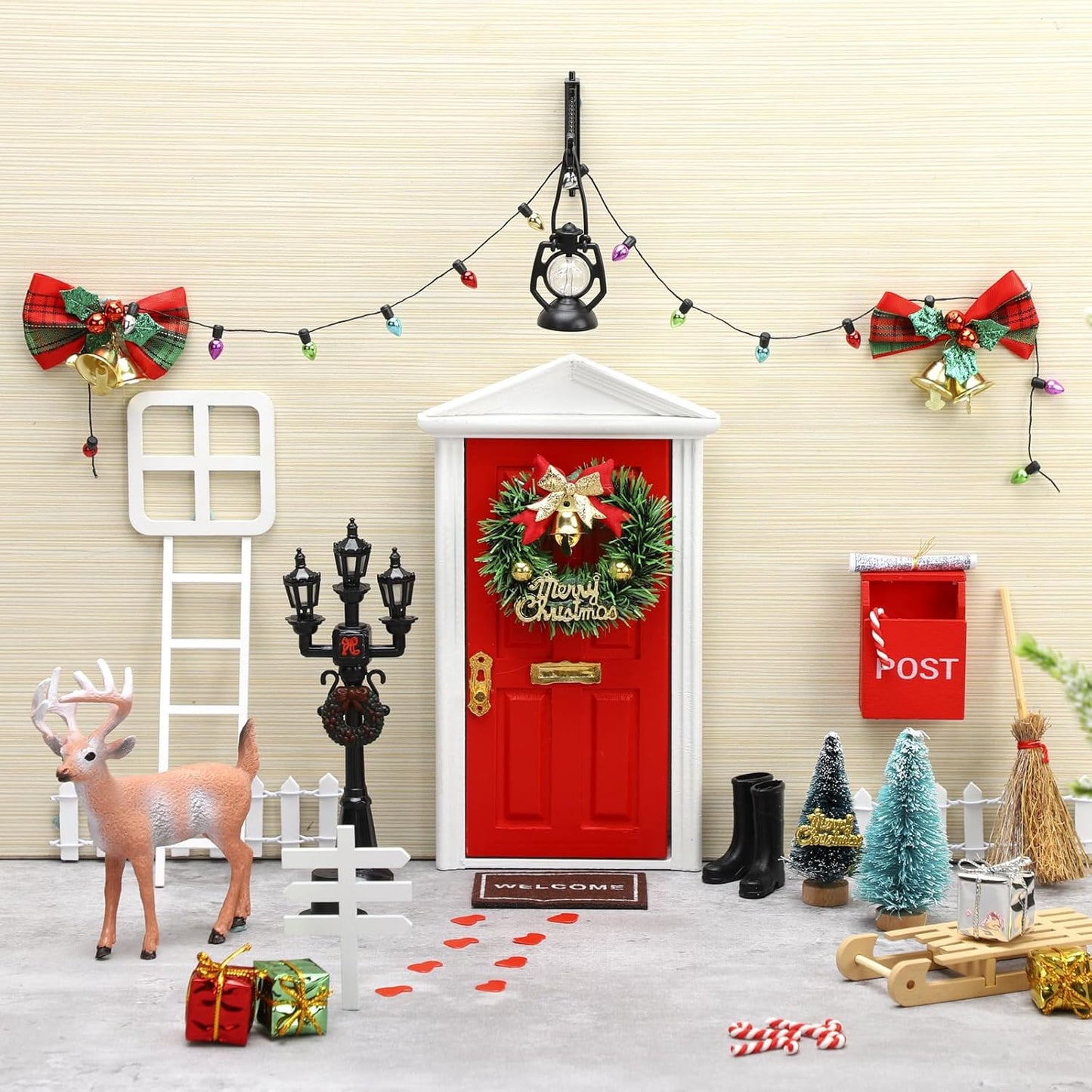 Shappy 39 Pcs Christmas Fairy Door Kit Wooden Elf Fairy Doors Decorations with Accessories Mini Door Tiny Miniature for Christmas Tale DIY Craft Garden Home Party Decoration(Red)