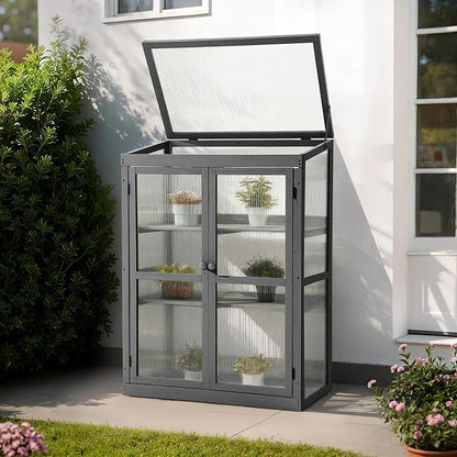 MCombo Wooden Cold Frame Greenhouse, Raised Flower Planter Shelf Protection for Outdoor Indoor Use, 0760 (Dark Grey)