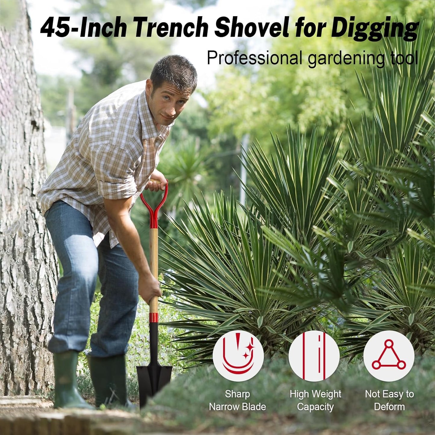 Nohovu Spade Shovel for Digging, Heavy Duty Shovel with D-Handle, Trench Shovel for Gardening, 45 Inches
