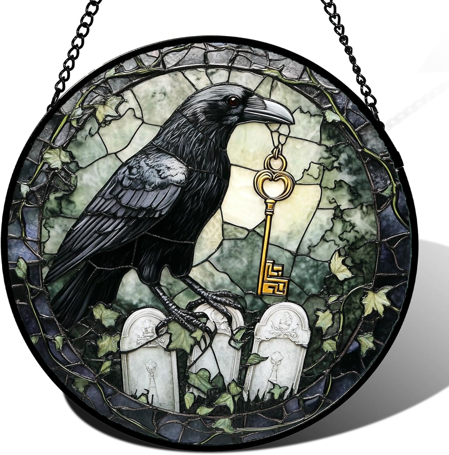Stained Glass Window Hanging - Halloween Crow White Tombstone Suncatcher for Doors Garden Home Spooky Black Green Sun Catchers Gothic Decor Horror Gift for Women Men Friend Boy Girl 9.8 in