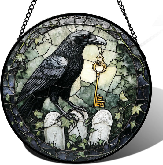 Stained Glass Window Hanging - Halloween Crow White Tombstone Suncatcher for Doors Garden Home Spooky Black Green Sun Catchers Gothic Decor Horror Gift for Women Men Friend Boy Girl 15 in