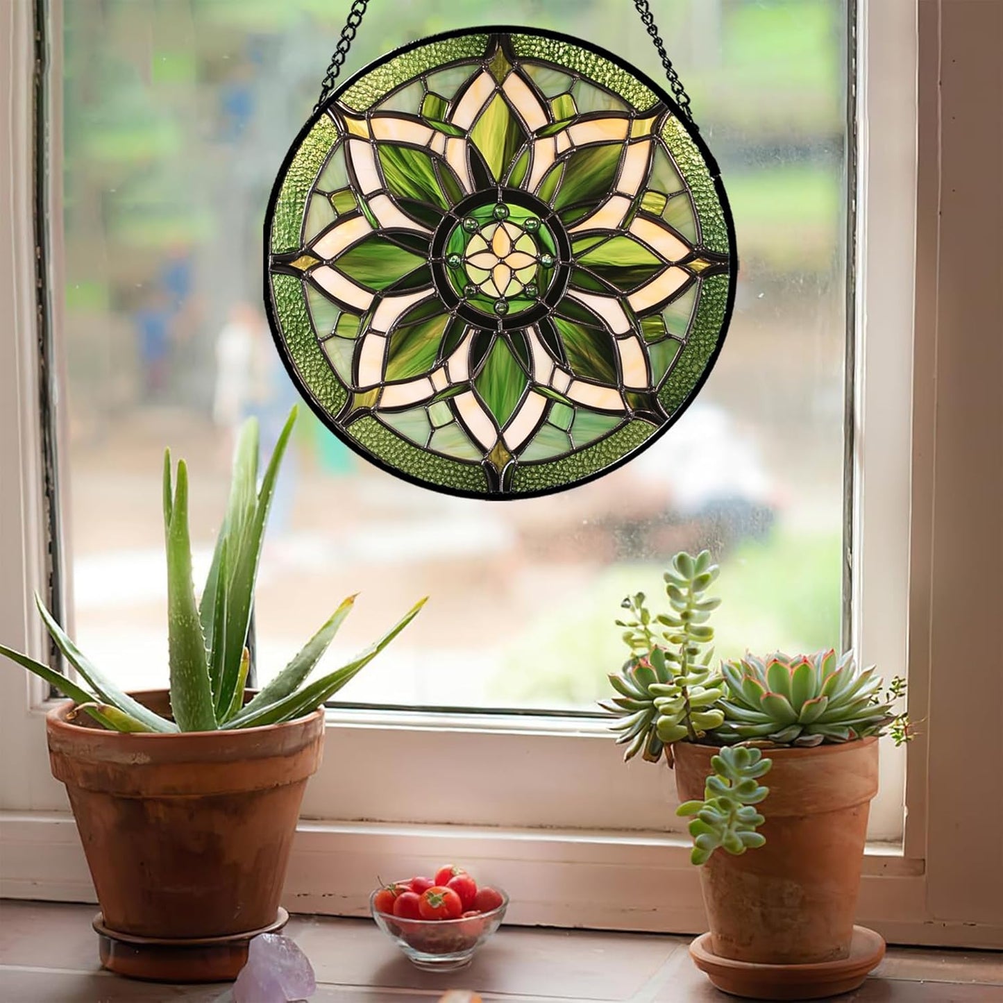 Stained Glass Window Hanging - White Green Boho Flower Suncatcher for Doors Window Home Sun Catchers Decor Christmas Mother's Day Birthday Gifts for Teacher Women Men Mom Nana 15 in