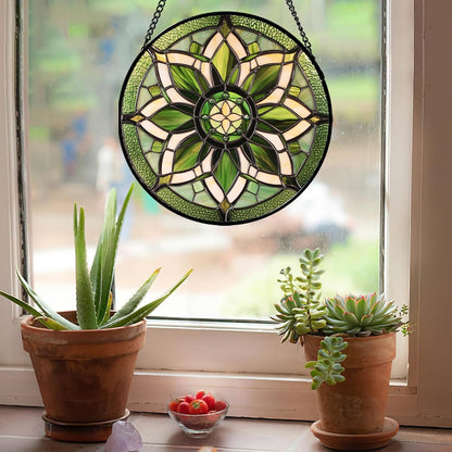 Stained Glass Window Hanging - White Green Boho Flower Suncatcher for Doors Window Home Sun Catchers Decor Christmas Mother's Day Birthday Gifts for Teacher Women Men Mom Nana 6.3 in