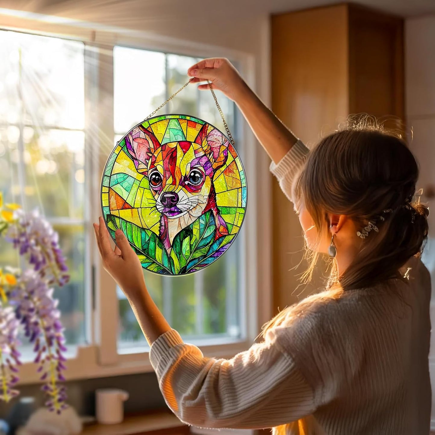 8″ Stained Glass Window Hanging Ornament, Vibrant Chihuahua Stained Glass Suncatcher Ornament, Sun-Catcher Window Decor | Gifts for Dog Lovers, Dog Lover Gift, Pet Lover Gift