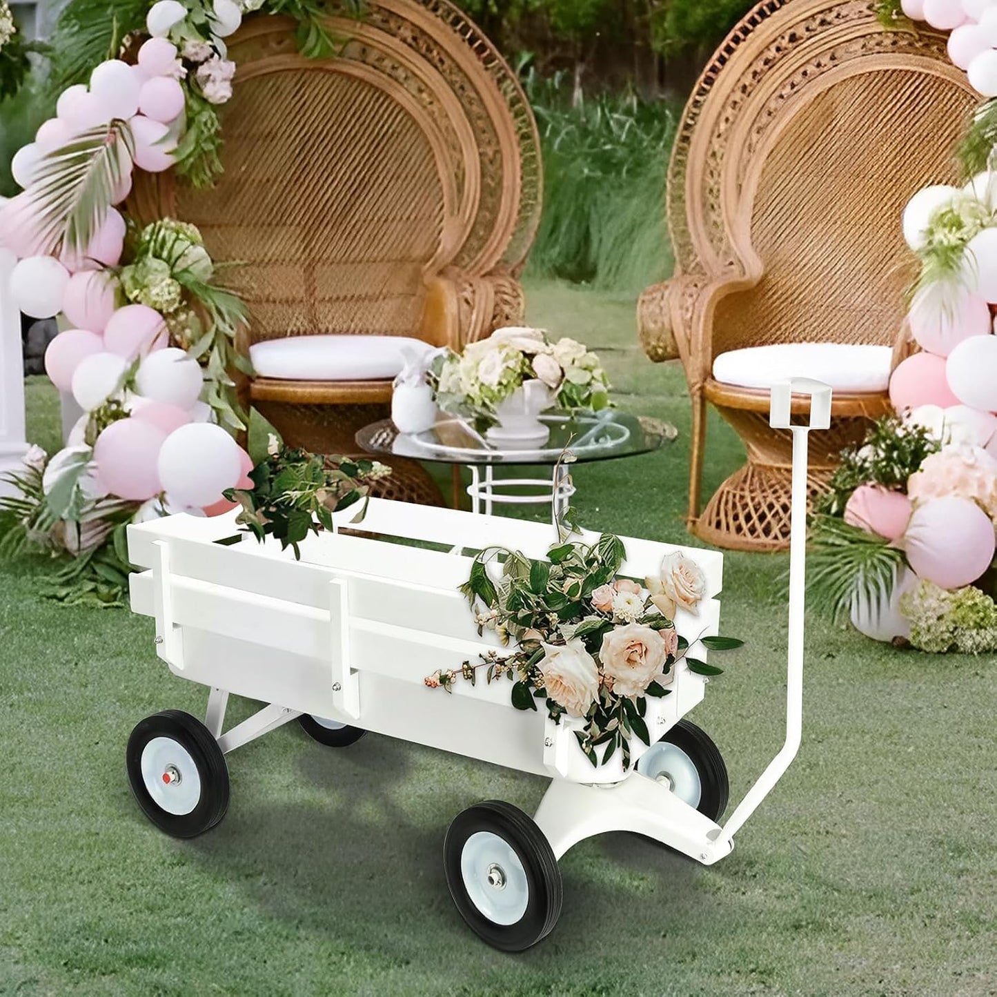 All Terrain Wagon,Heavy Duty 33Inch Sport Cargo Wagon with Removable Wooden Side Panels,Big Tires and Wide Grip Handle,Ideal for Weddings and Flower Girls,White