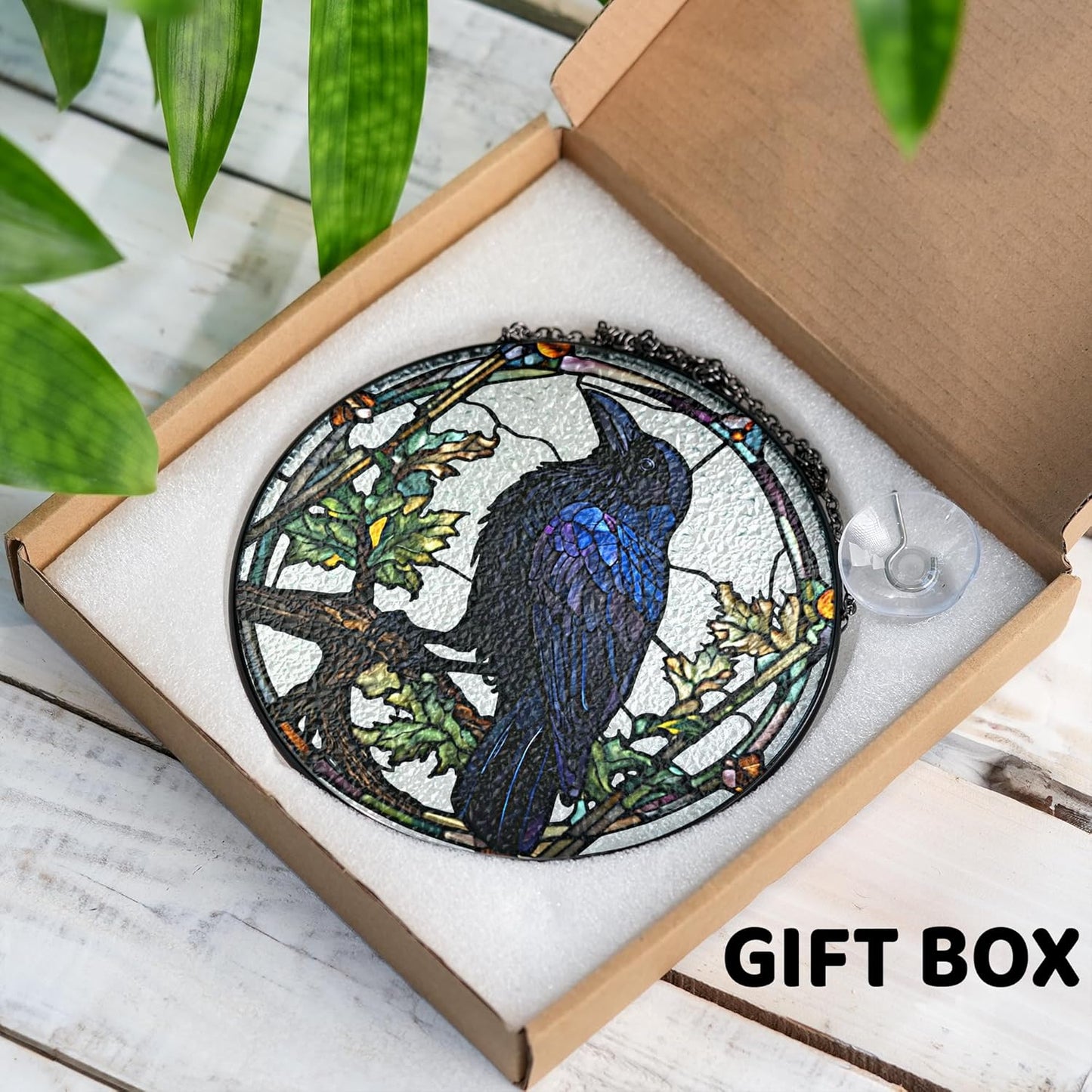 Crow Stained Glass Suncatchers Art Glass Raven for Sun Catcher Indoor Window Gifts for Pet Animal Nature Floral Lovers Women Grandma Mom Friend Painted Panel Décor