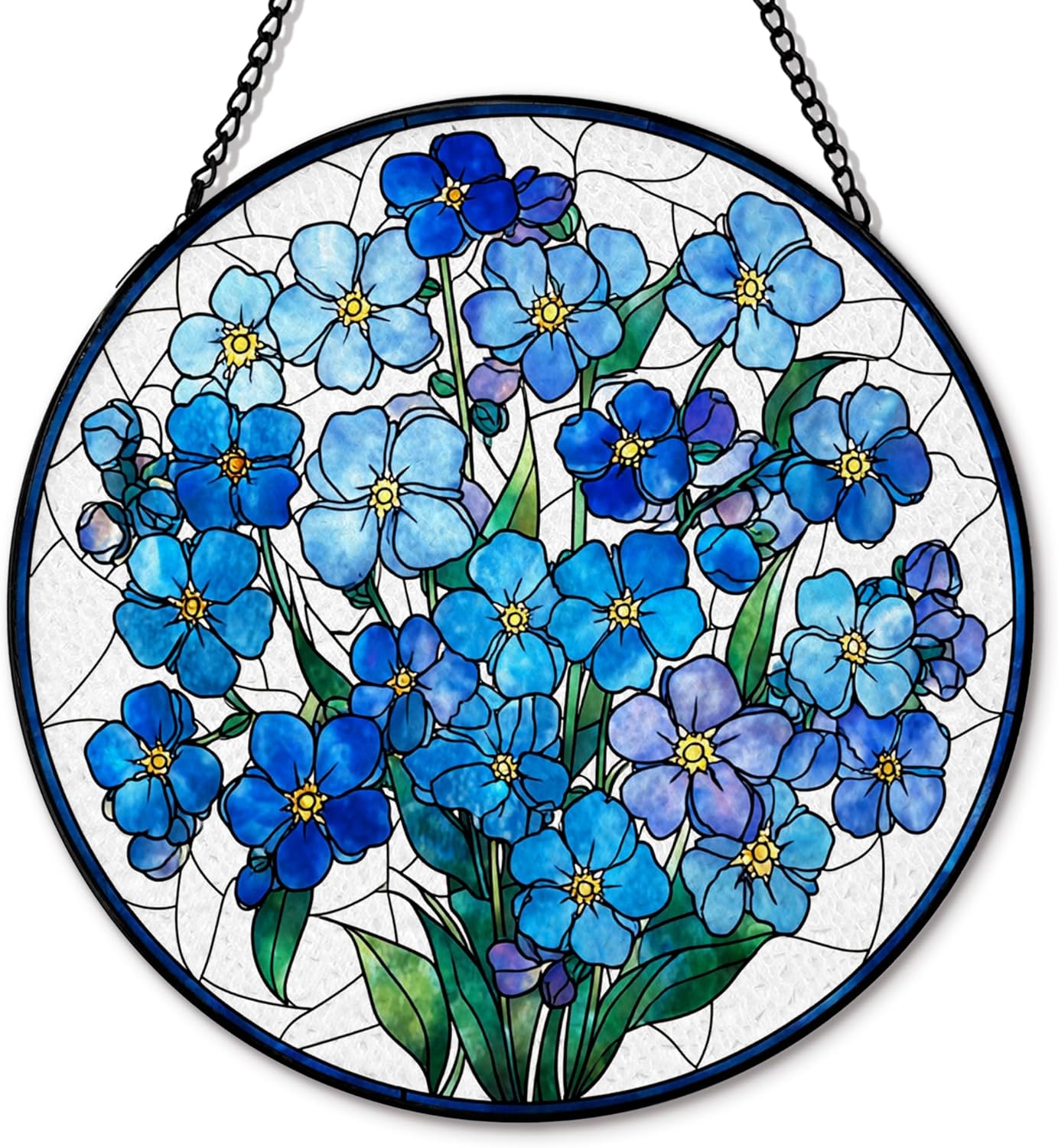 Blue Forget Me Not Flower Suncatcher Stained Glass Window Hanging, Blue Flower Sun Catchers Indoor Window Glass Round Wall Decor, Floral Wall Art Hanging Decorations, ＂7.8x7.8＂