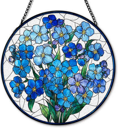 Blue Forget Me Not Flower Suncatcher Stained Glass Window Hanging, Blue Flower Sun Catchers Indoor Window Glass Round Wall Decor, Floral Wall Art Hanging Decorations, ＂7.8x7.8＂