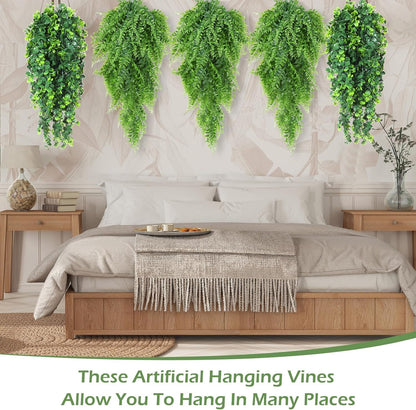 Hoteam 12 Pcs Artificial Hanging Plants 32 Inch Fake Ivy Vines with Fake Leaves Patio Artificial Plants Greenery for Living Room Indoor Outdoor Wall, No Basket (Eucalyptus,Persian Grass)