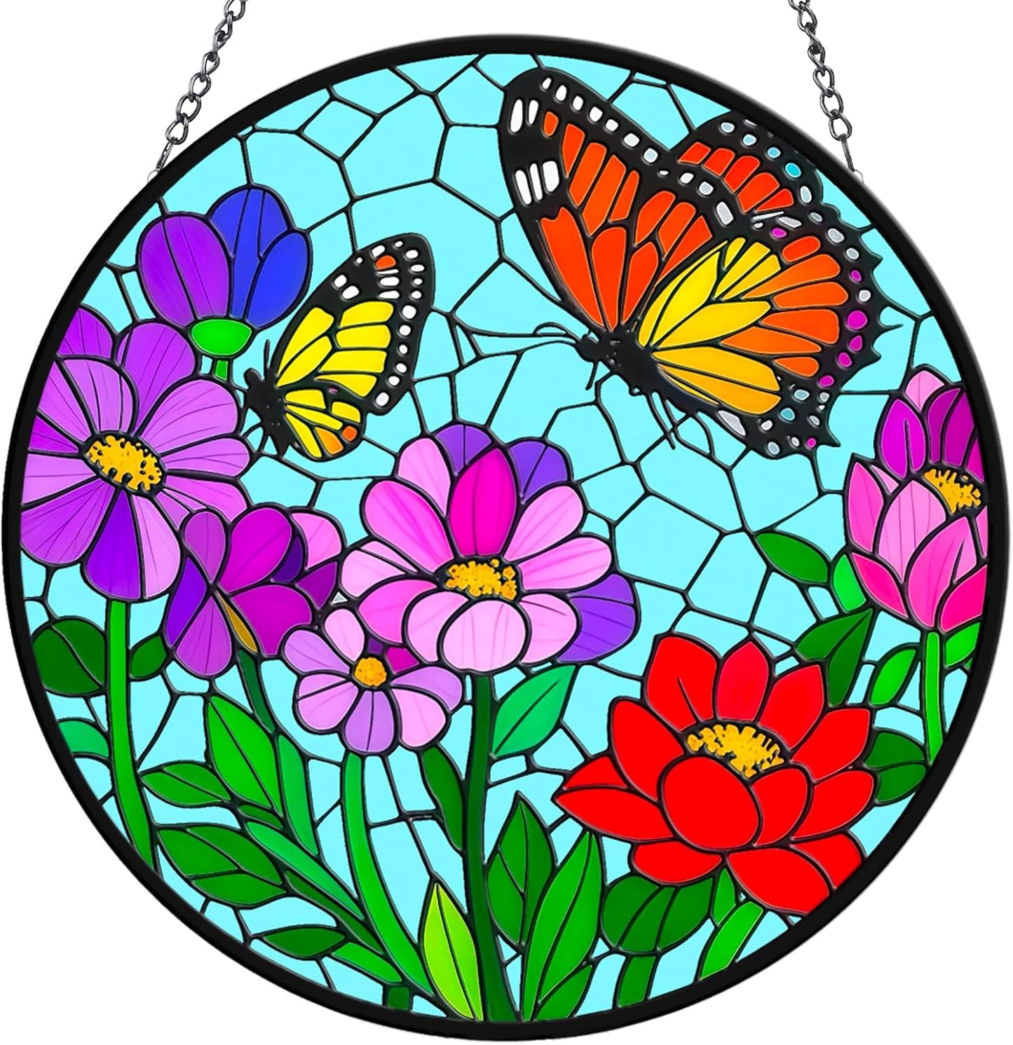 Flower Butterfly Suncatchers for Windows Hanging - 8 in Stained Glass Sun Catchers Indoor Window Decor, Suncatcher Stain Glass Window Hanging for Home, Gifts for Holiday or Wall Art