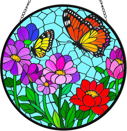 Flower Butterfly Suncatchers for Windows Hanging - 8 in Stained Glass Sun Catchers Indoor Window Decor, Suncatcher Stain Glass Window Hanging for Home, Gifts for Holiday or Wall Art