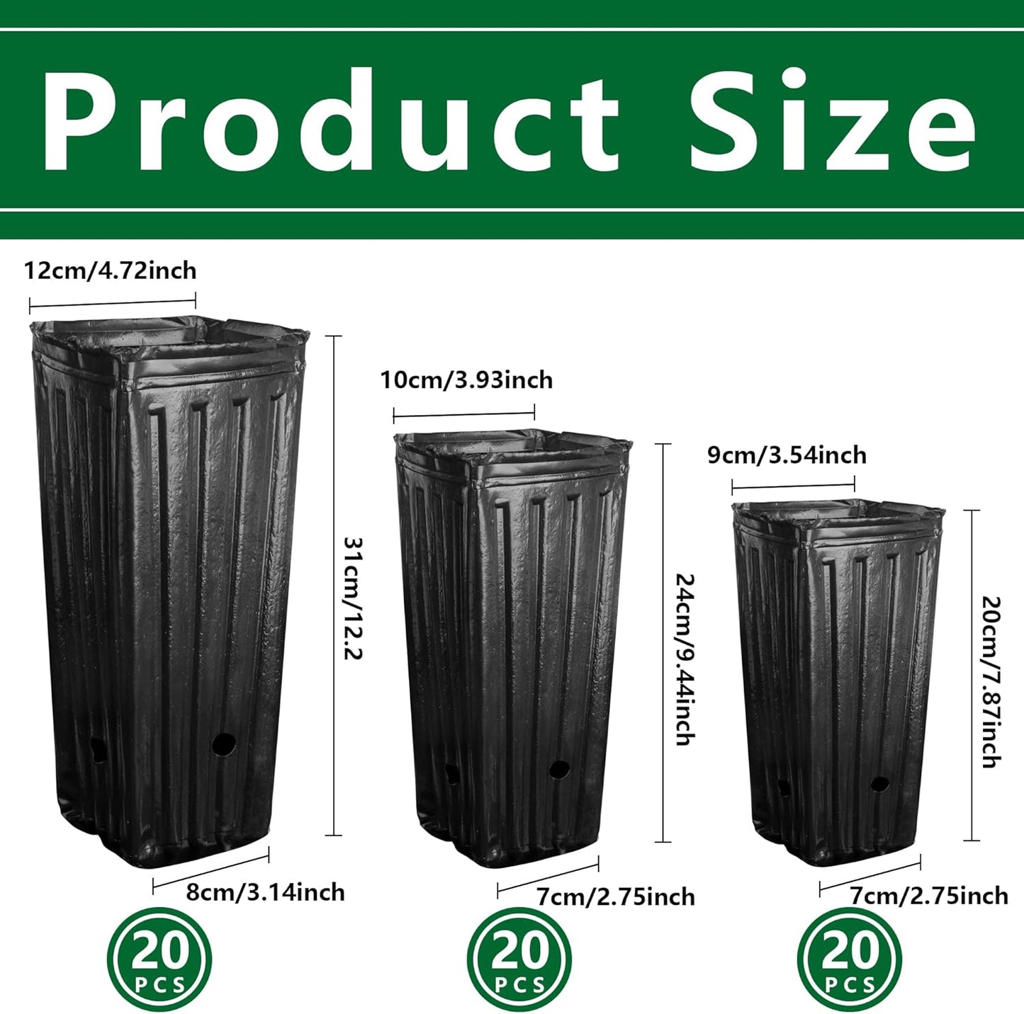 RunNico 60pcs Plastic Deep Plant Nursery Pots,Tall Tree Pots,Black Deep Seedling Container Pots with Drainage Holes for Indoor Outdoor Gardening (3Size-7.8" H+9.4" H+12.2" H)