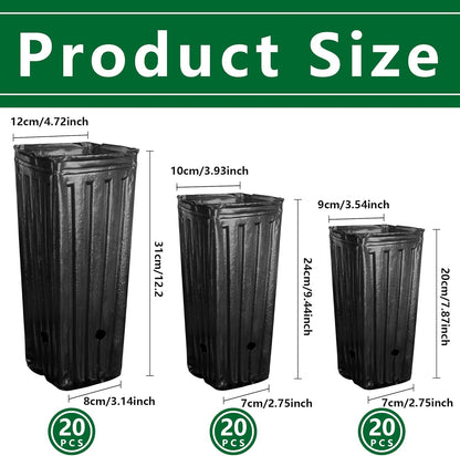 RunNico 60pcs Plastic Deep Plant Nursery Pots,Tall Tree Pots,Black Deep Seedling Container Pots with Drainage Holes for Indoor Outdoor Gardening (3Size-7.8" H+9.4" H+12.2" H)