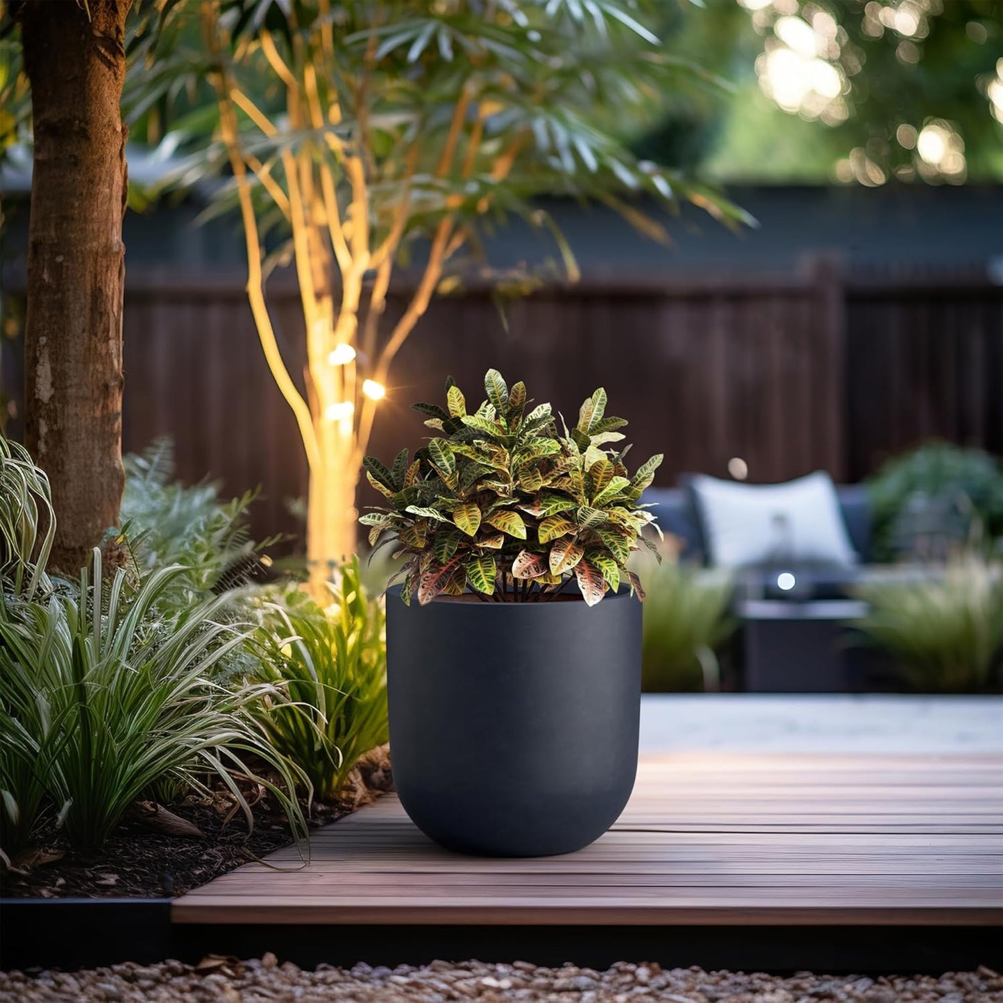 Kante 16.5" Round Concrete Planter, Large Cylinder Plant Pot with Curved Bottom and Drainage Hole, for Indoor and Outdoor Use – Garden or Patio, Charcoal Finish with Warm Brown Interior