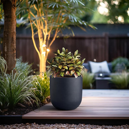 Kante 16.5" Round Concrete Planter, Large Cylinder Plant Pot with Curved Bottom and Drainage Hole, for Indoor and Outdoor Use – Garden or Patio, Charcoal Finish with Warm Brown Interior