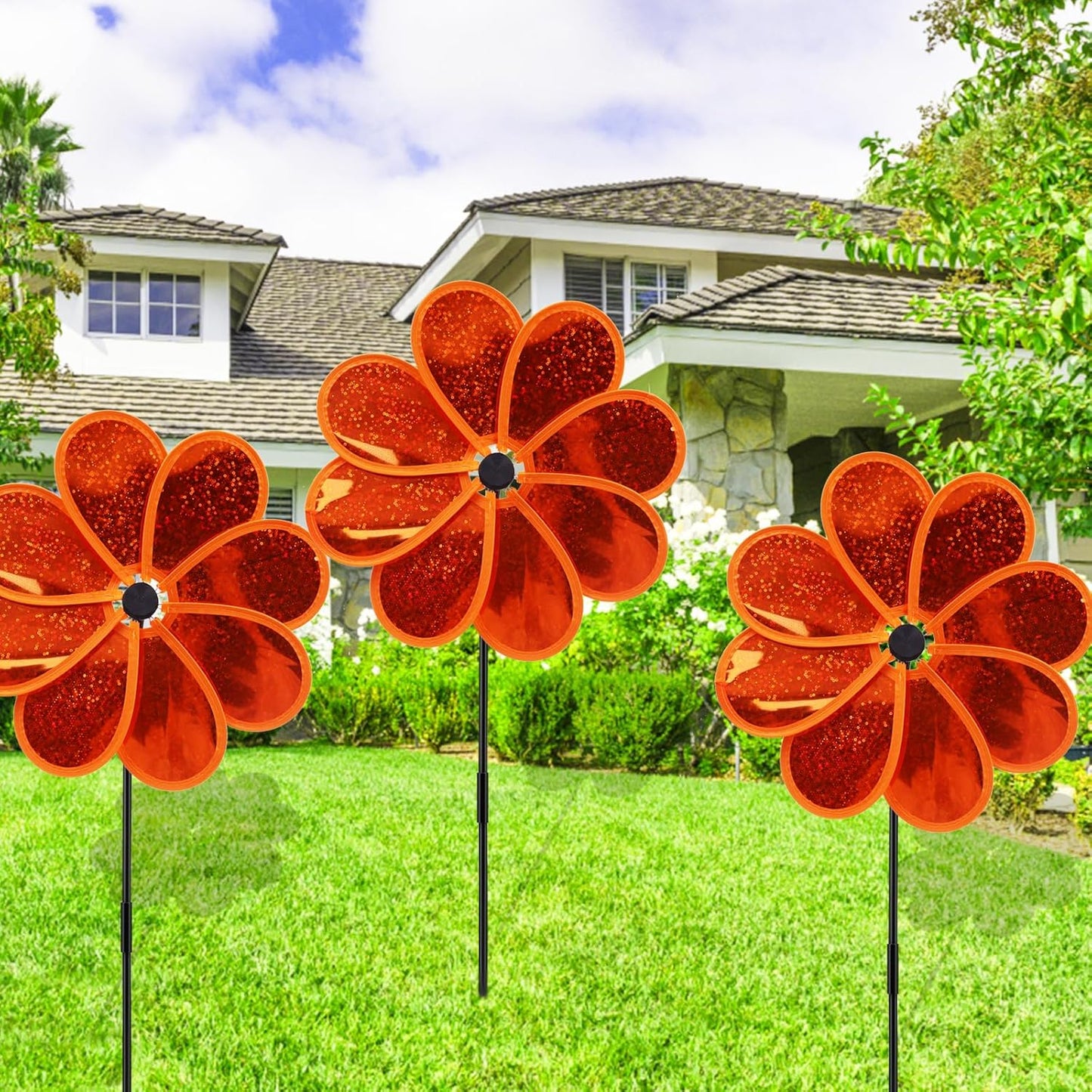 4PCS Flower Wind Spinner Sparkly Lawn Pinwheel 11.8 inch Orange Garden Windmill for Garden, Party, Christmas Outdoor, Yard Decor