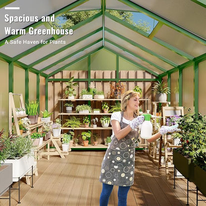 8x12 FT Greenhouse, Easy Assembly Aluminum Polycarbonate Greenhouses for Outdoors with Roof Vent, Large Aluminum Walk-in Greenhouse for Sunroom Patio, Backyard, Garden, Sliding Lockable Door, Green
