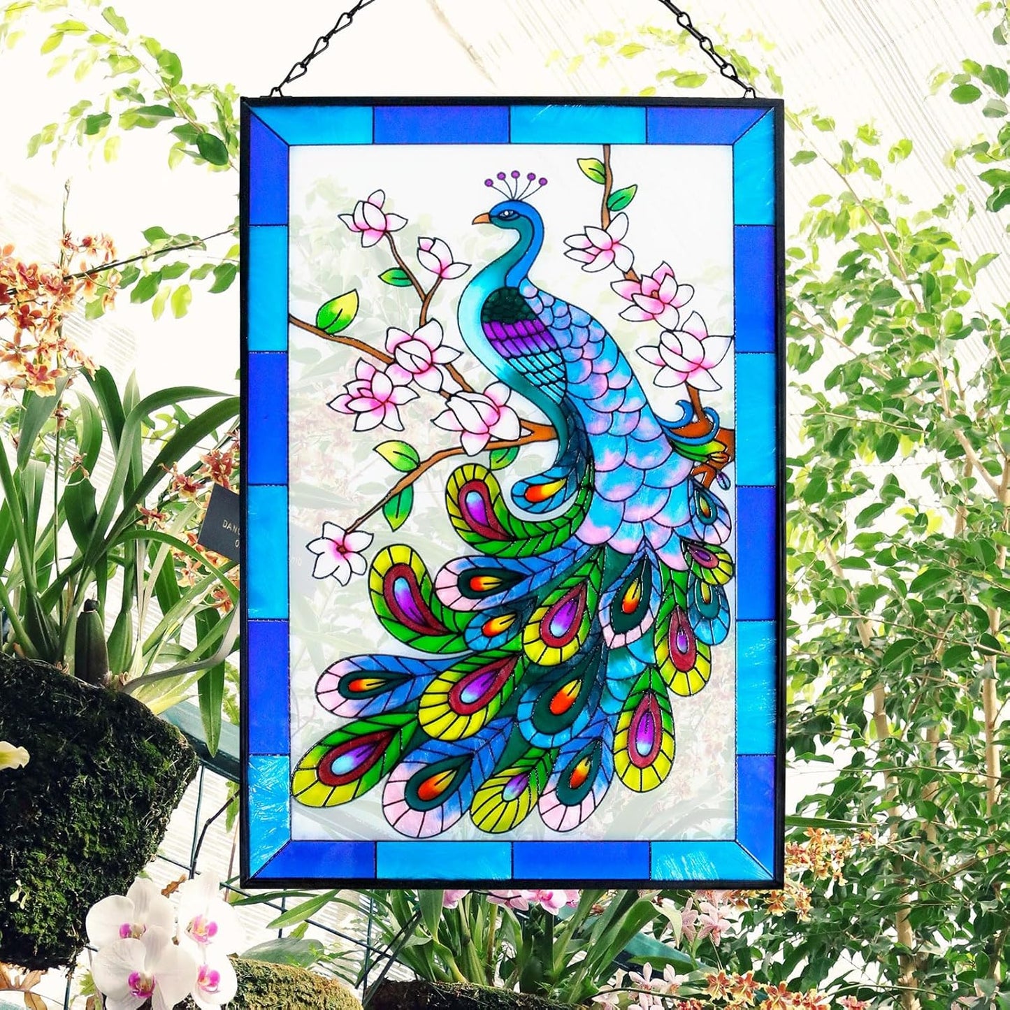 Chambtalie Peacock Stained Glass Hanging Garden Handmade Painted Peacock Wall Window Decor Decorative Suncatcher Panel…